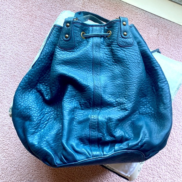Nordstrom’s all weather sturdy leather, teal colored extra large tote handbag. - Picture 4 of 11